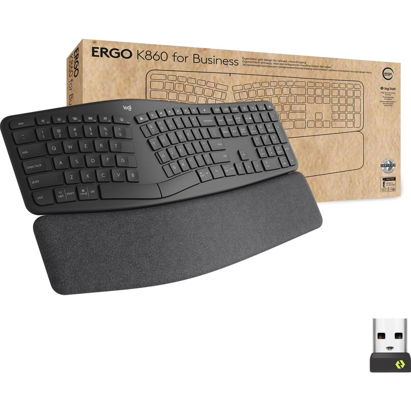 Logitech ERGO K860 ergonomic keyboard with split design and palm rest shown with retail packaging