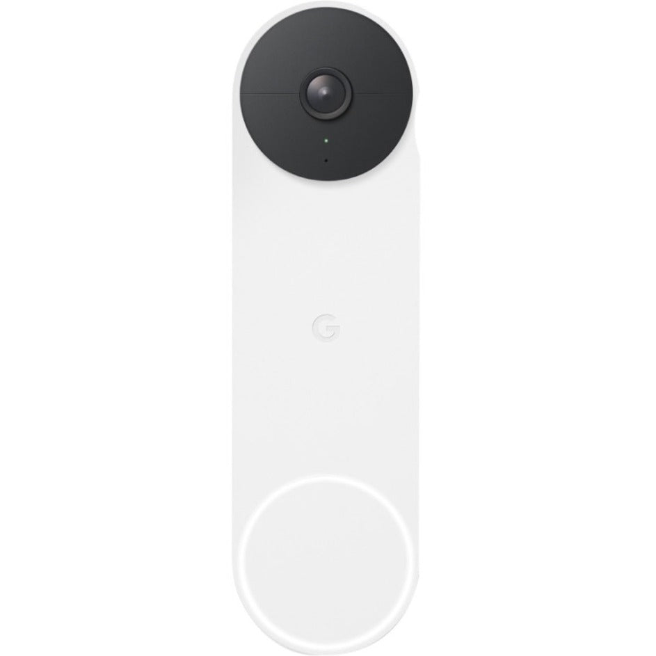 Front view of white Google Nest Battery Doorbell showing circular camera lens and sleek vertical design-alternate-image1