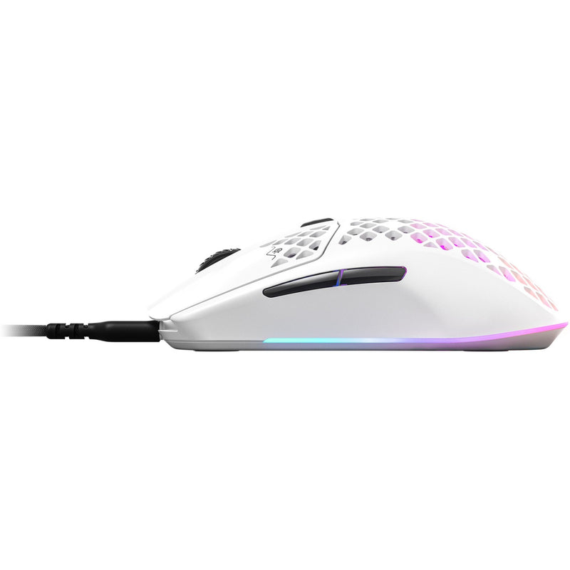 Side profile view of SteelSeries Aerox 3 Wireless gaming mouse showing ergonomic design