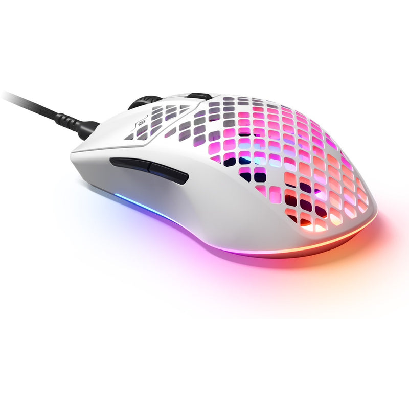 Angled view of SteelSeries Aerox 3 Wireless showing RGB lighting through honeycomb shell