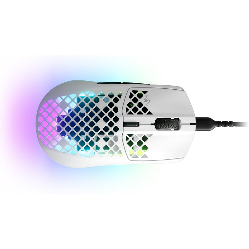 Top-down view of SteelSeries Aerox 3 Wireless gaming mouse showing honeycomb shell design with RGB lighting