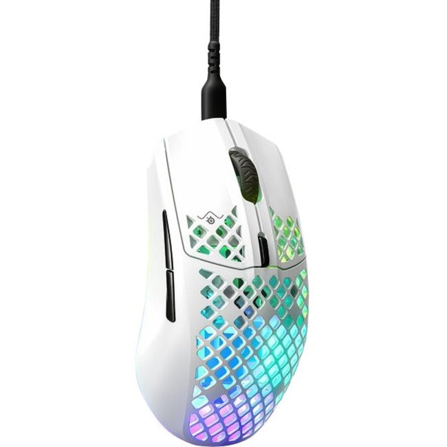 Side angle view of SteelSeries Aerox 3 Wireless gaming mouse with RGB lighting