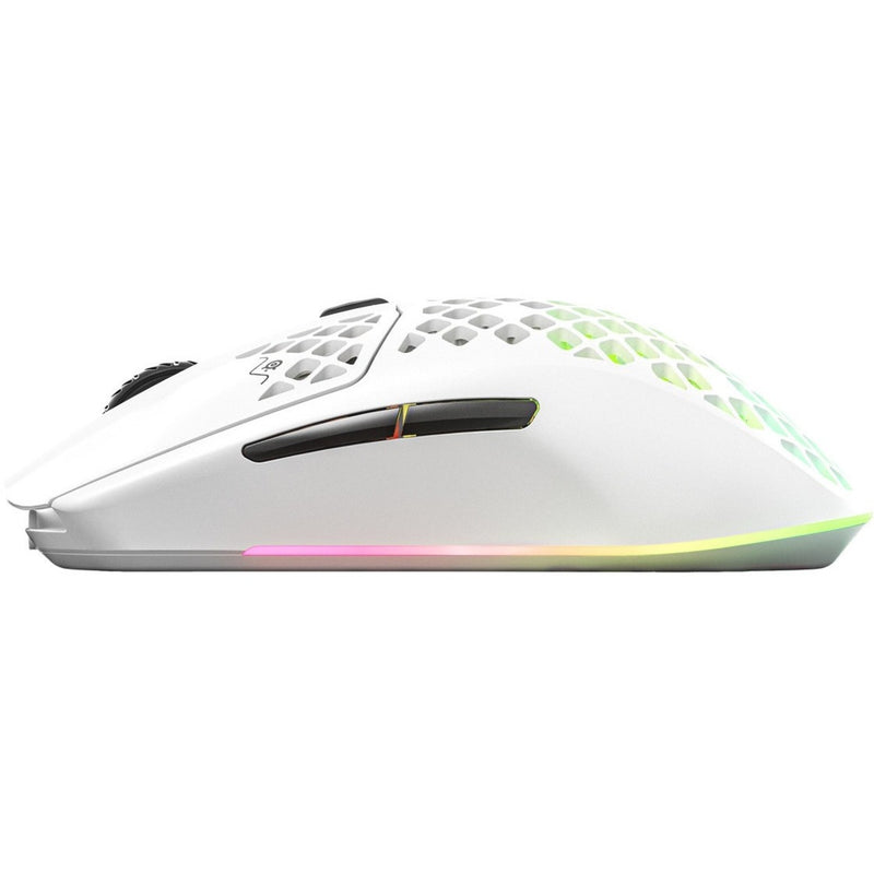 Side view of SteelSeries Aerox 3 wireless mouse showing ergonomic design and button placement