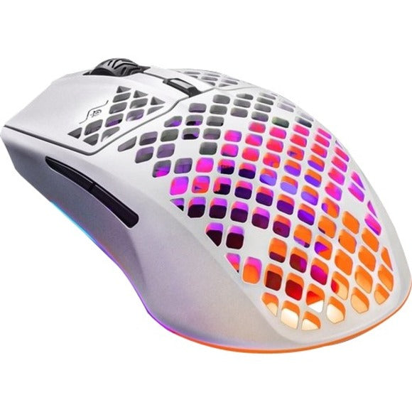 Angled view of Aerox 3 showing RGB lighting pattern through honeycomb shell