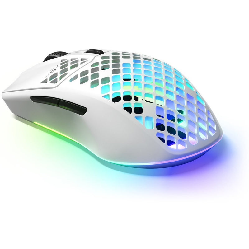 Side profile of white SteelSeries Aerox 3 gaming mouse with RGB lighting effects