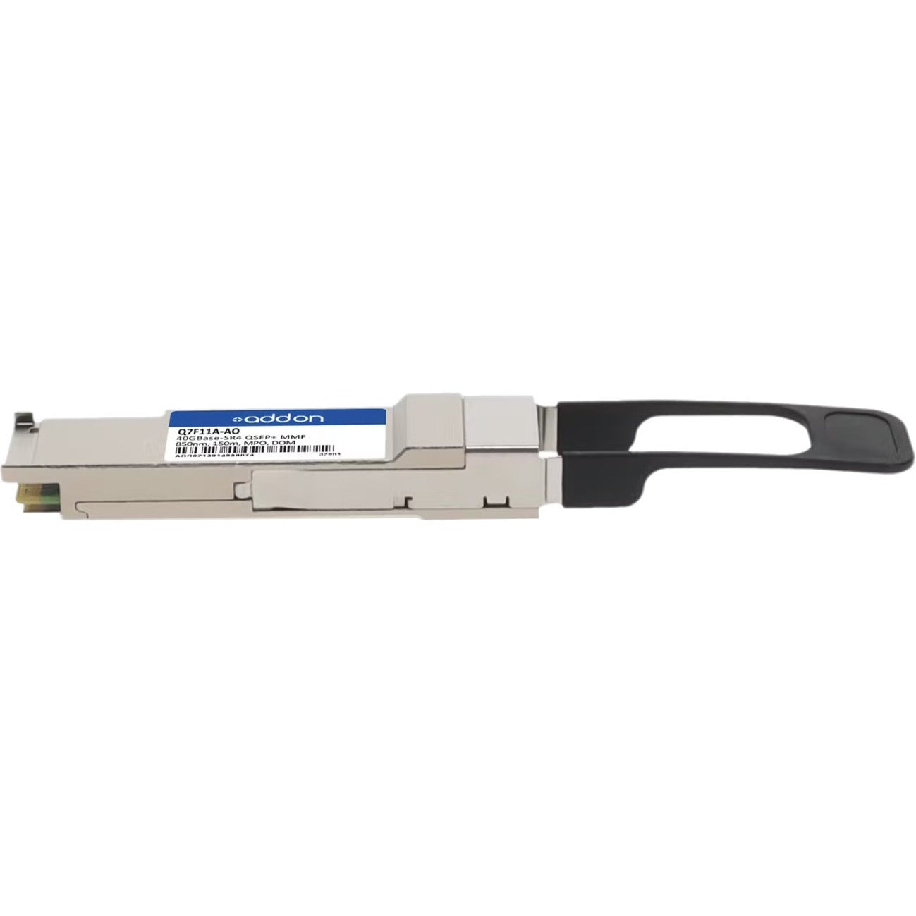 Horizontal view of AddOn Q7F11A-AO QSFP+ module displaying product label and construction-alternate-image2