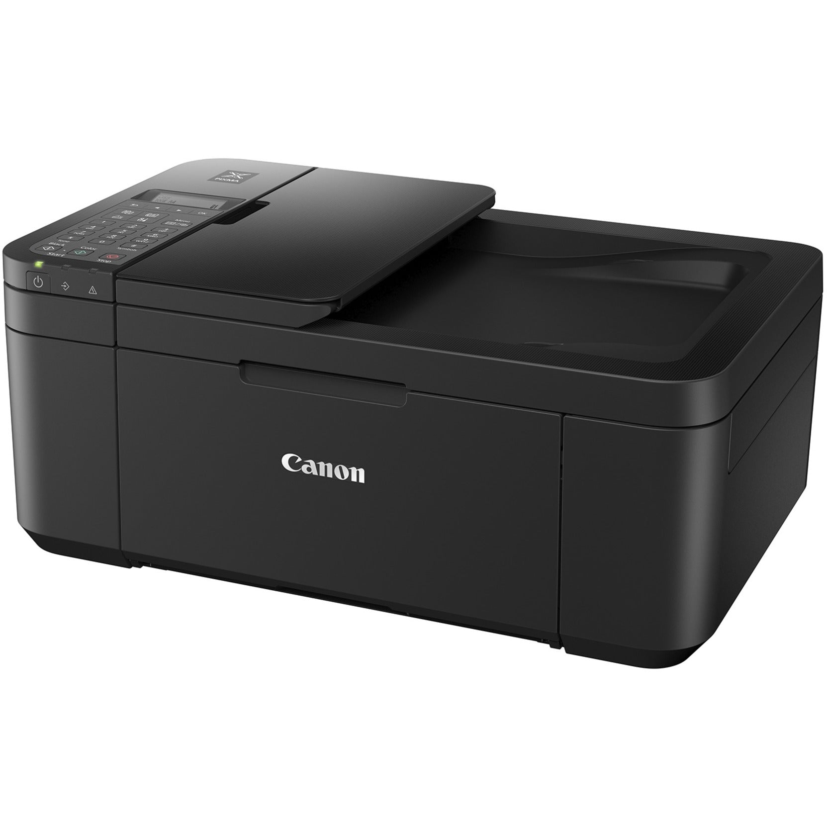 Front angled view of Canon PIXMA TR4720 wireless all-in-one printer in black showing control panel and document feeder-alternate-image1