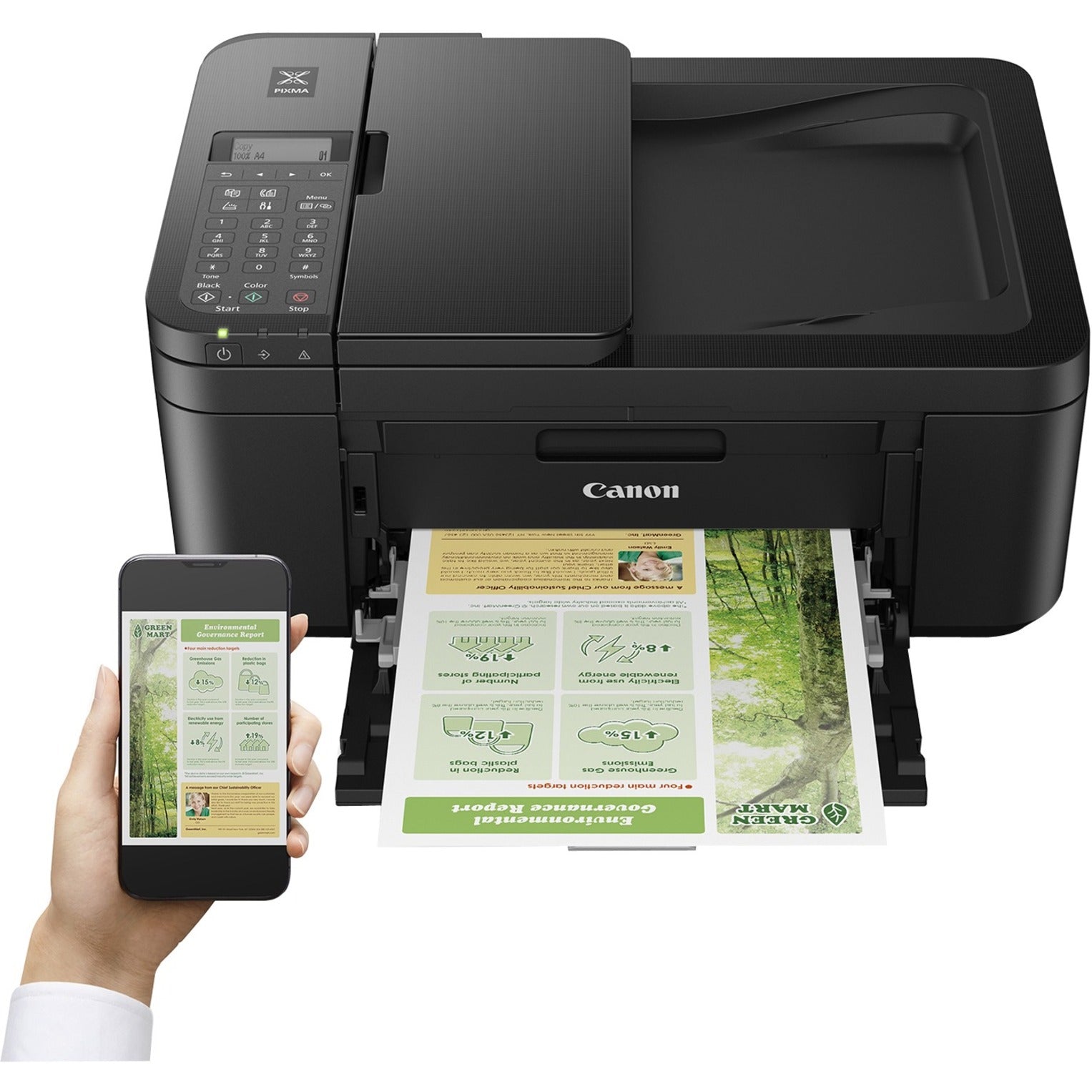 Canon PIXMA TR4720 printer with smartphone showing wireless printing capabilities-alternate-image4