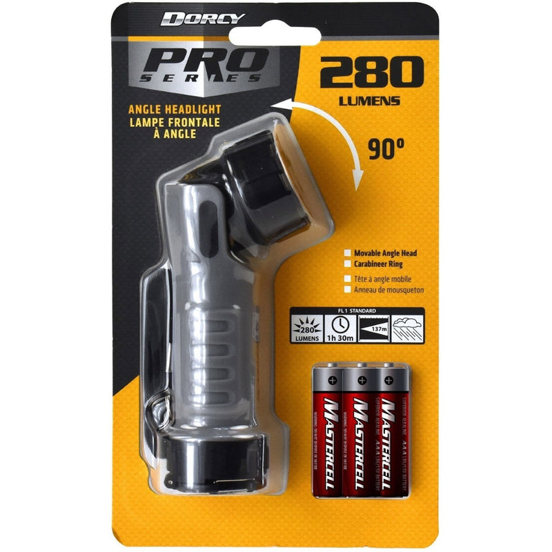 Retail packaging of Dorcy PRO Series work light displaying product features and included batteries