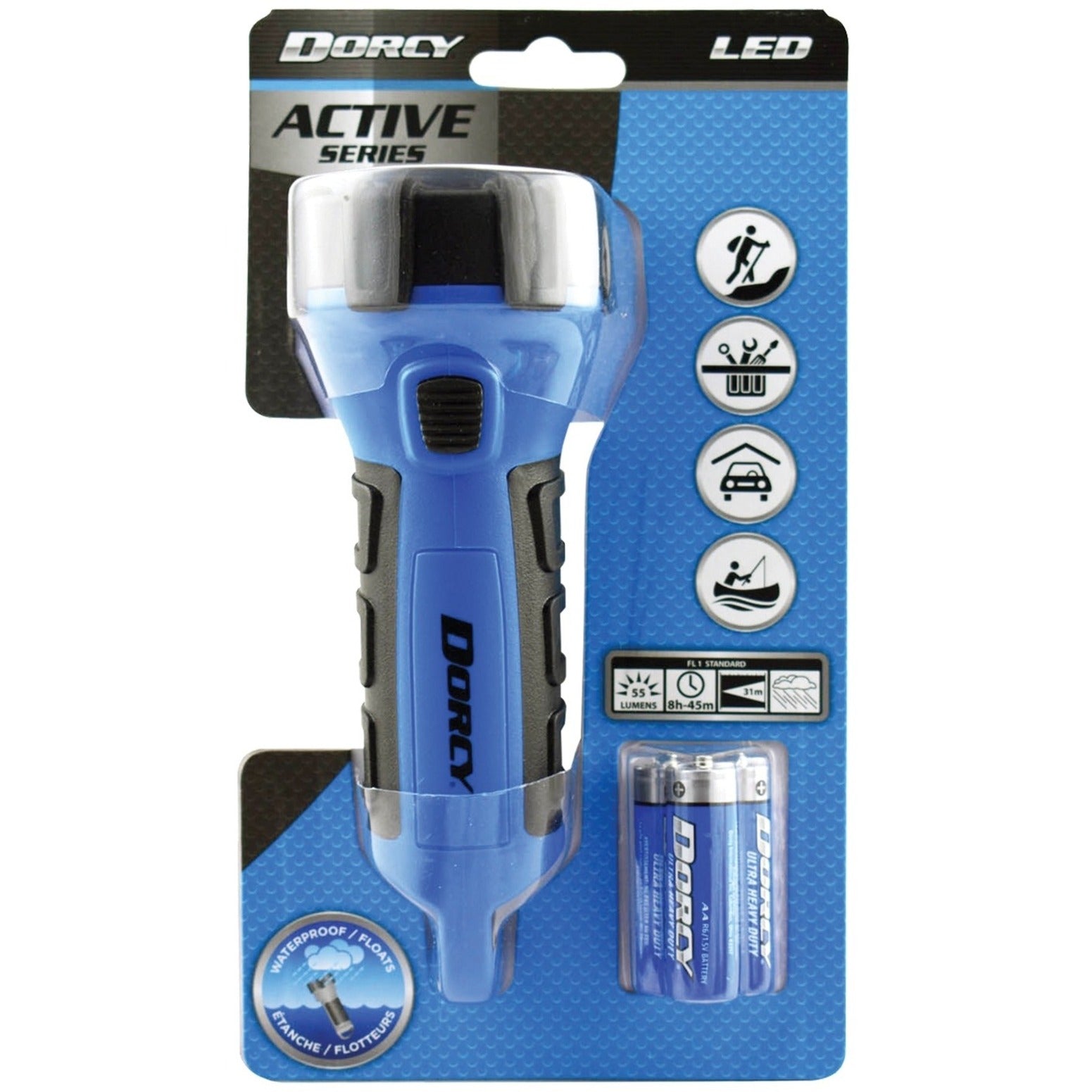 Dorcy Active Series LED flashlight retail packaging with feature icons and included batteries-alternate-image3