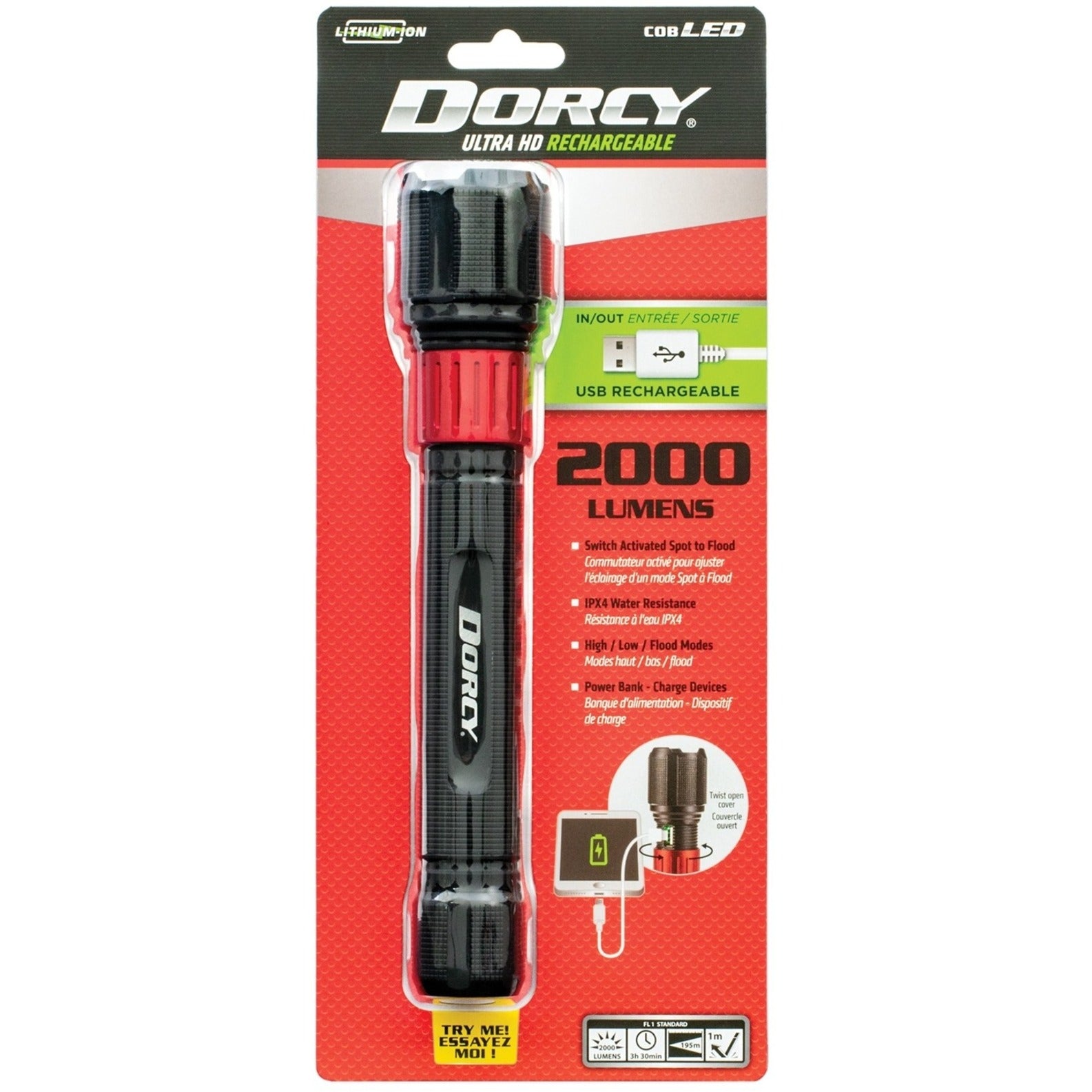 Dorcy 41-4328 Ultra HD 2000 Lumens Lampe de Poche USB Rechargeable / Powerbank Utilisation en Plein Air