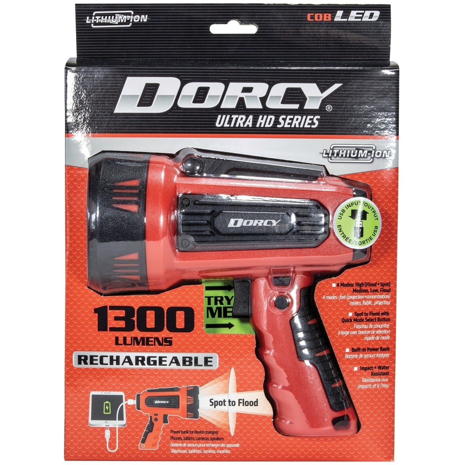 Dorcy 41-4356 Ultra HD 1300 Lumens Projecteur Rechargeable + Banque d'Alimentation Résistant à l'Eau Utilisation Extérieure