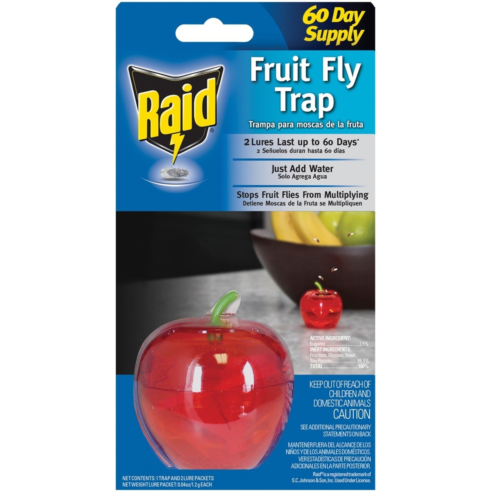 Raid fruit fly trap packaging showing red apple-shaped trap and 60-day effectiveness claim-alternate-image1