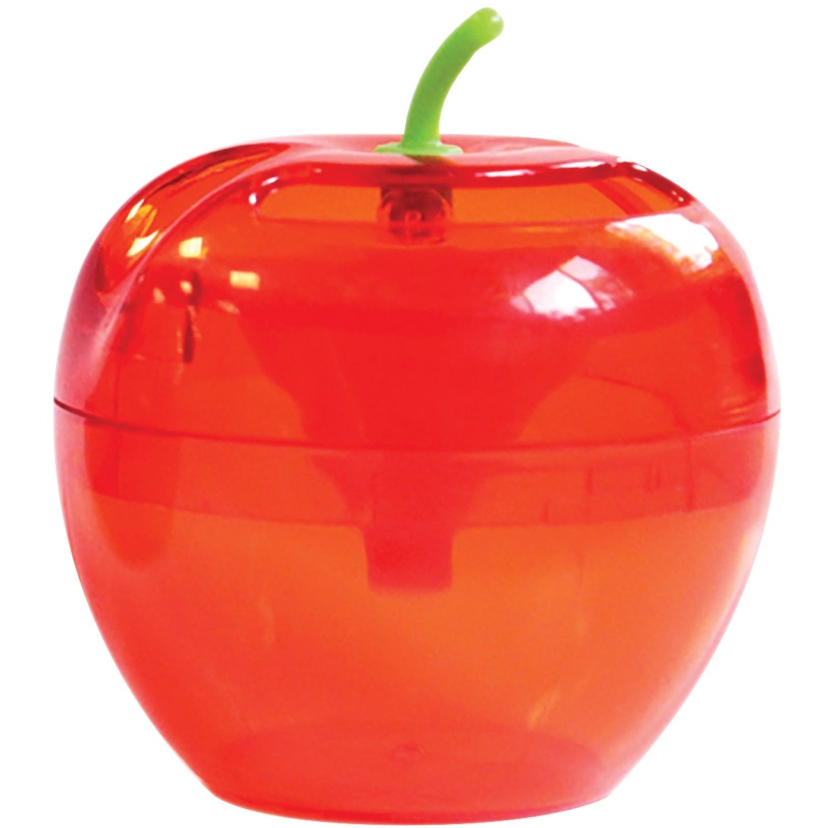 Close-up view of red apple-shaped Raid fruit fly trap with green stem-alternate-image2