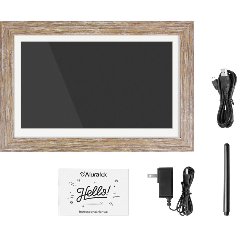 Aluratek digital photo frame with included accessories - frame, USB cable, power adapter, stand, and instruction manual