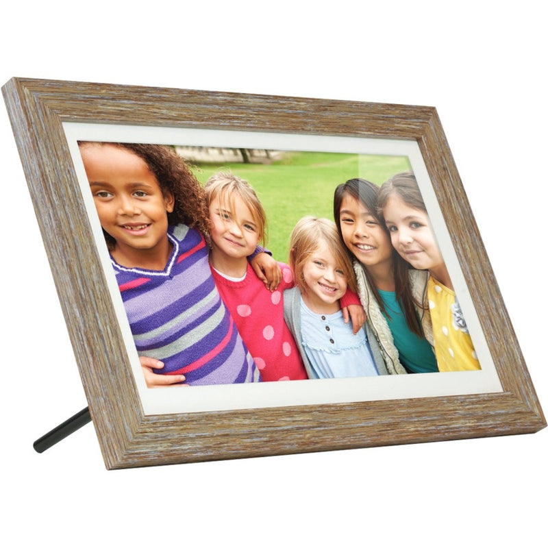 Digital photo frame with distressed wood finish displaying a group photo on tabletop stand