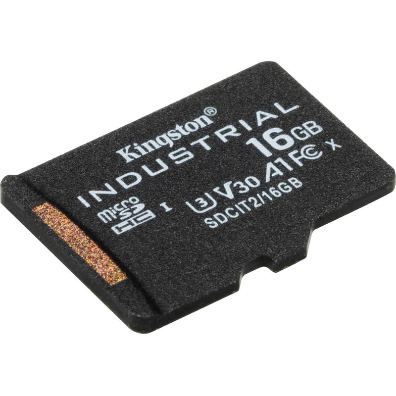 Close-up view of Kingston Industrial 16GB microSDHC card showing V30 speed class and model specifications