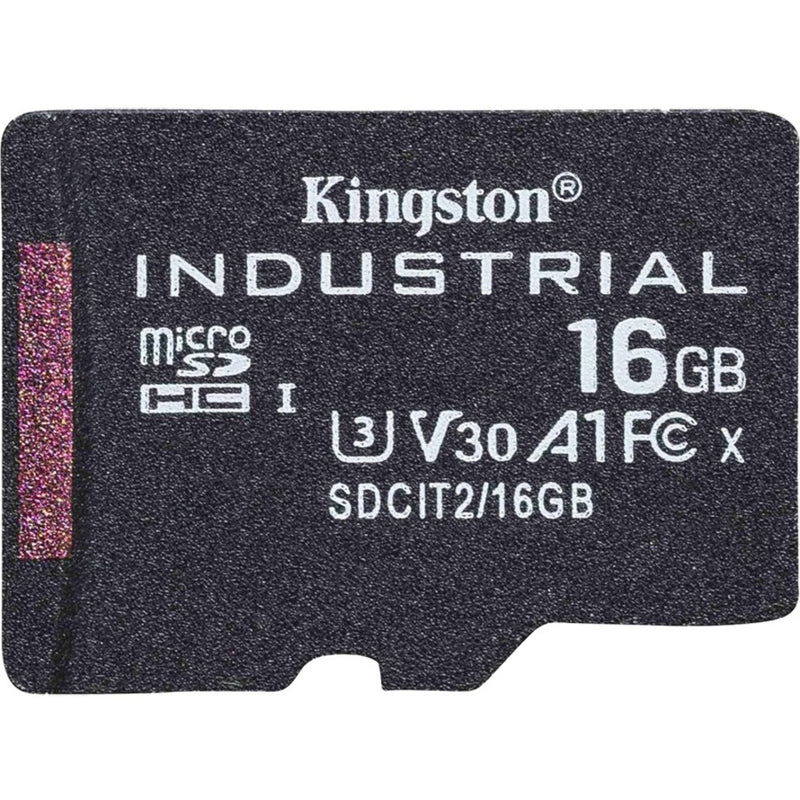 Detailed macro shot of Kingston Industrial microSDHC card highlighting industrial specifications and branding