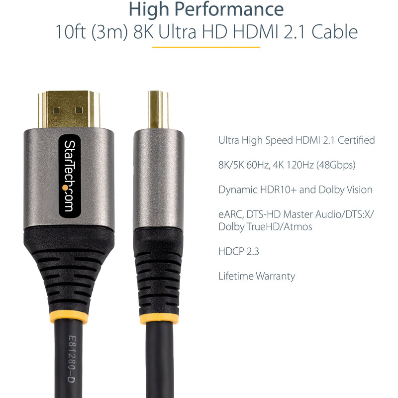 Product specifications highlighting HDMI 2.1 cable features and certifications