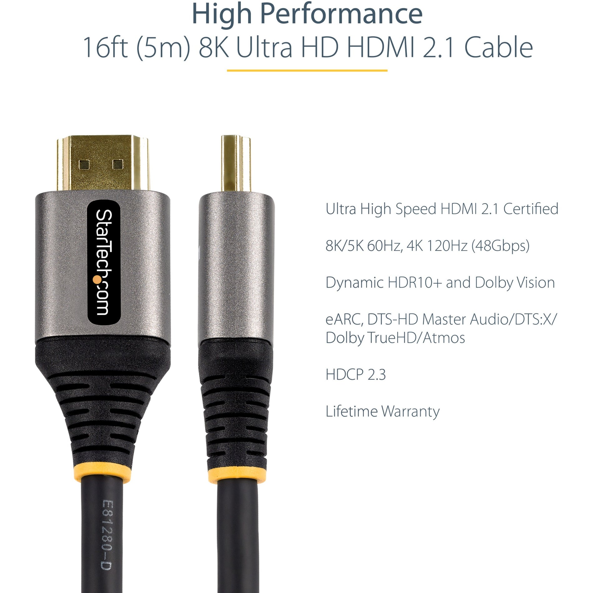 StarTech.com HDMM21V5M Ultra High Speed HDMI-kabel 16ft/5m Certificeret 8K 60Hz/4K 120Hz HDR10+ Fleksibel Trækaflastning Forgyldte Stik.