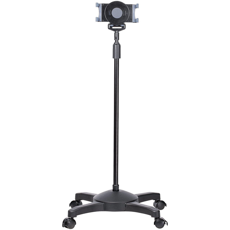 Full-length view of StarTech.com mobile tablet stand with height-adjustable pole and wheeled base