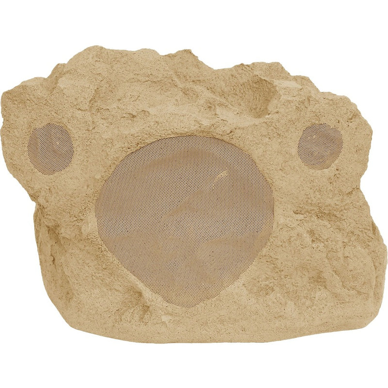 Front view of Proficient rock speaker showing three-driver configuration with sandstone texture