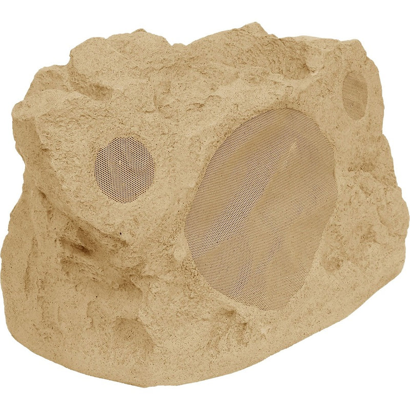 Front view of Proficient RS8Si outdoor rock speaker in sandstone finish showing dual speaker grilles