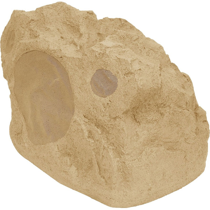 Angled view of Proficient rock speaker showing driver placement and sandstone finish