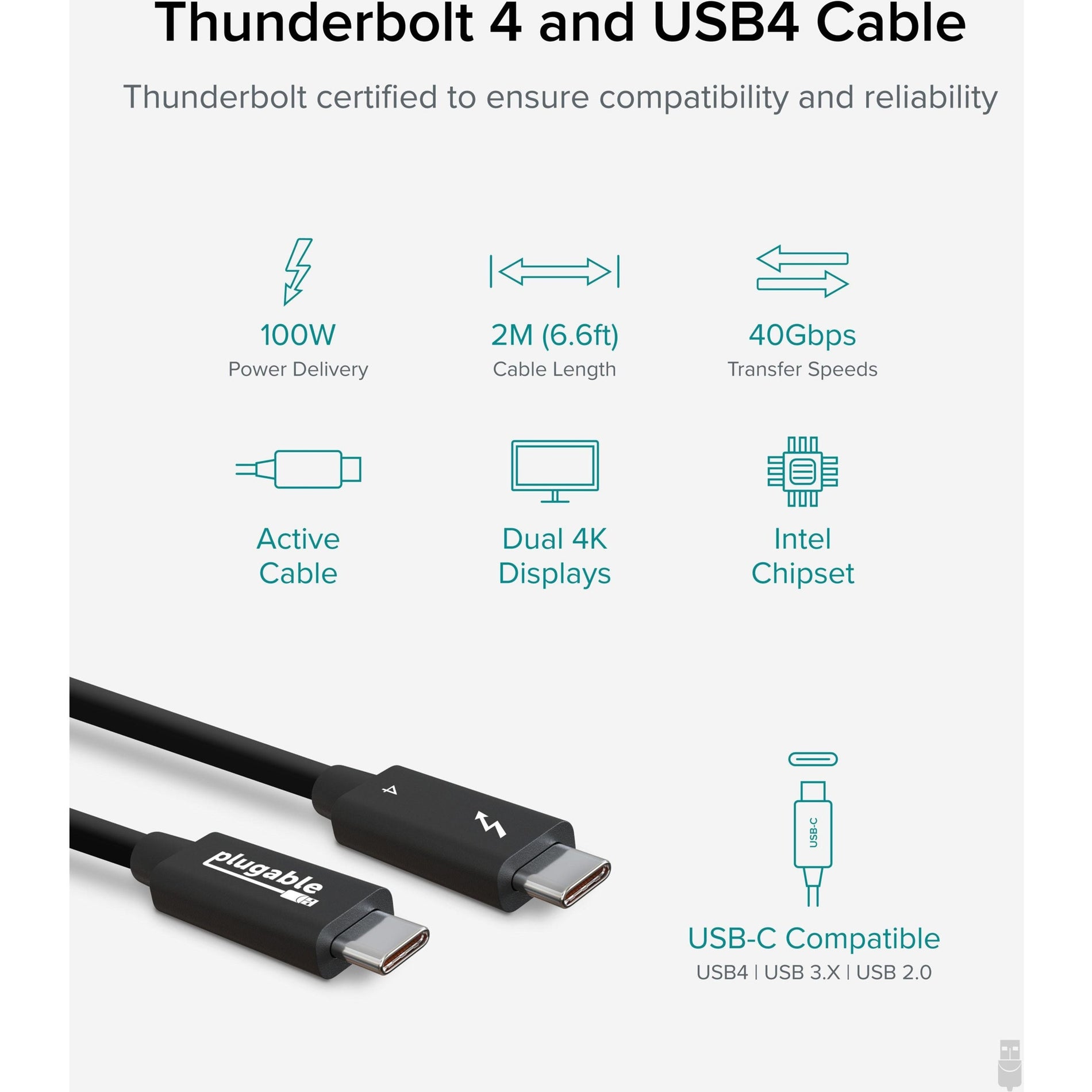 Plugable TBT4-40G2M Thunderbolt 4 Data Transfer Cable, 6.56 ft, Charging, Active, USB-Power Delivery (USB PD)
