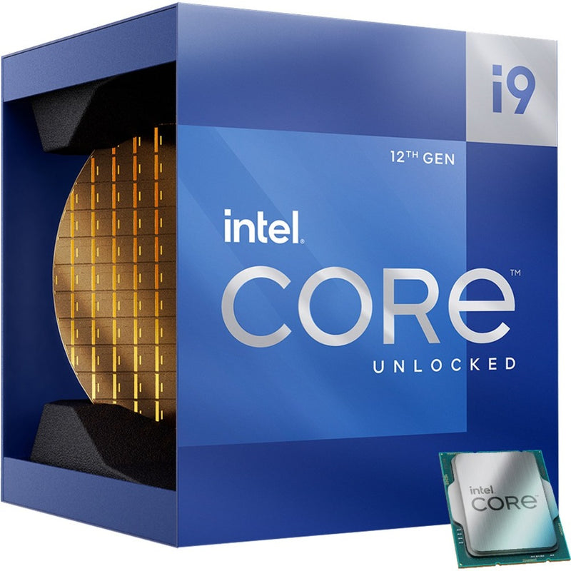 Intel Core i9-12900K processor retail box featuring blue design with golden wafer window