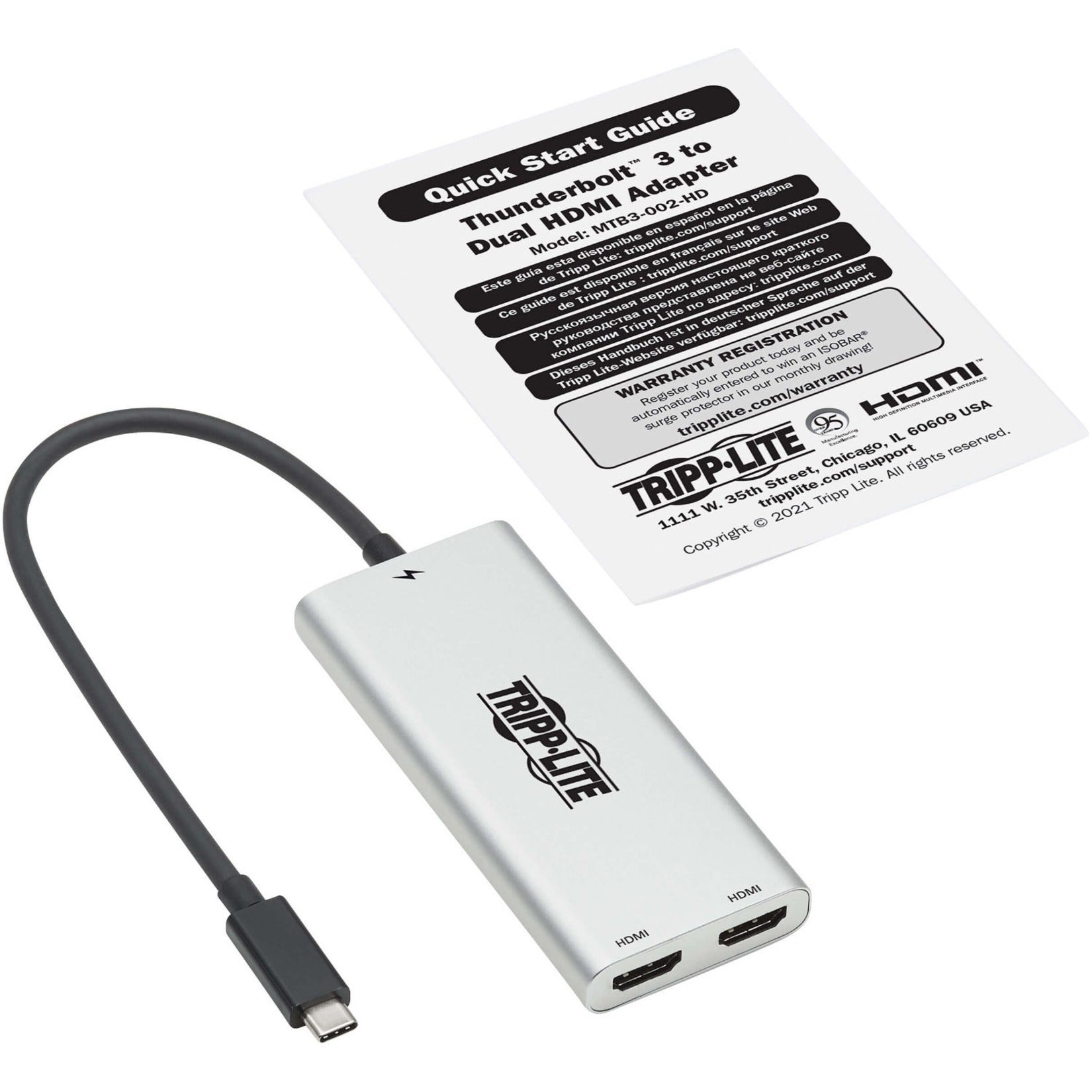 Tripp Lite MTB3-002-HD 双屏幕雷电3 到 HDMI 适配器 (M/2xF) - 4K 60 Hz 4:4:4 银色 USB-C 到 HDMI 转换器 Tripp Lite 展翅禄