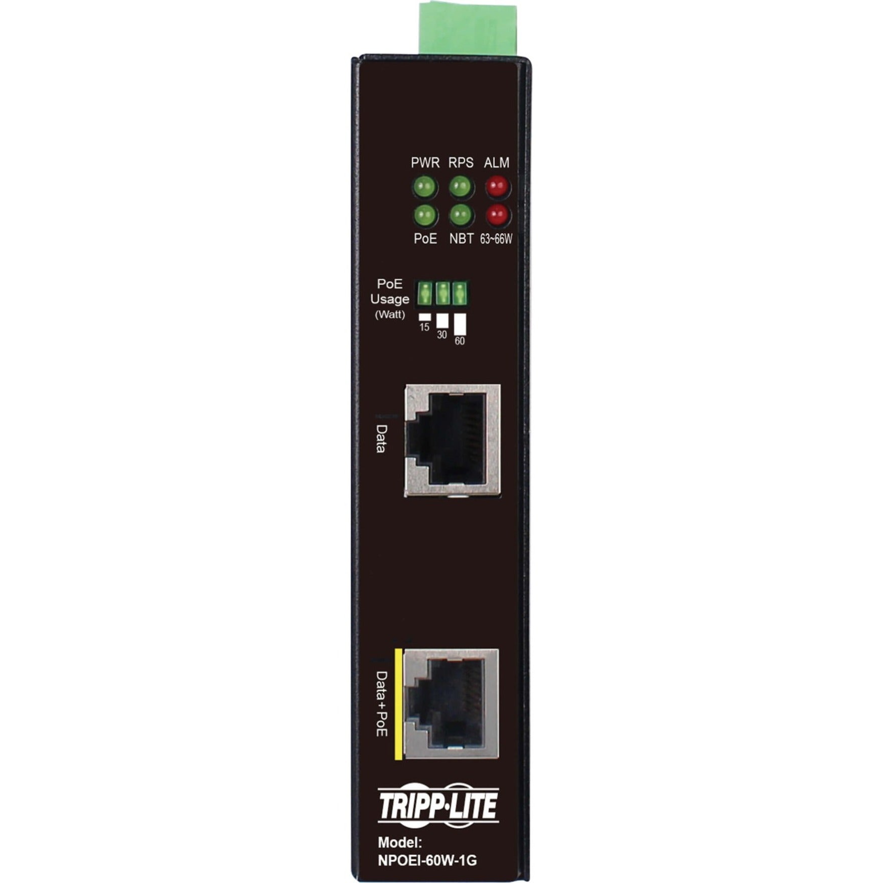 Close-up of Tripp Lite NPOEI-60W-1G data and PoE ports with status indicators-alternate-image3