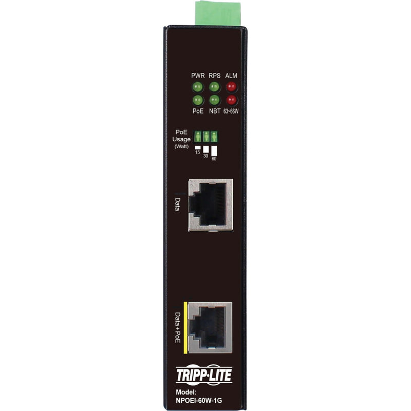 Close-up of Tripp Lite NPOEI-60W-1G data and PoE ports with status indicators