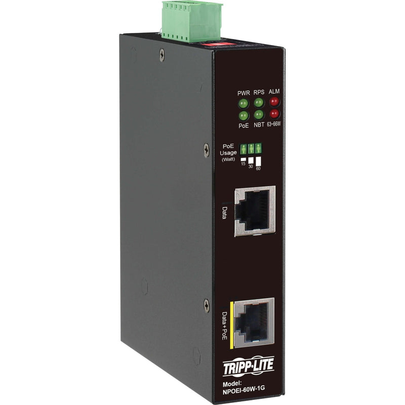 Front view of Tripp Lite NPOEI-60W-1G PoE injector showing LED status display and dual RJ-45 ports