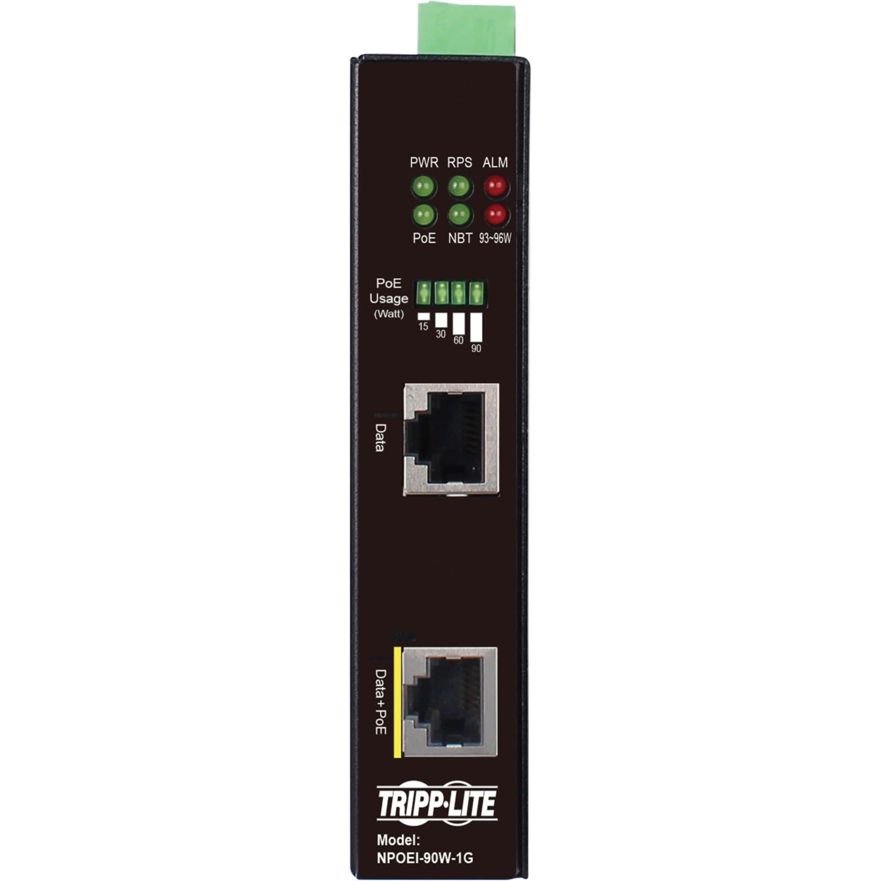 Close-up of NPOEI-90W-1G interface showing labeled ports and LED indicators-alternate-image3