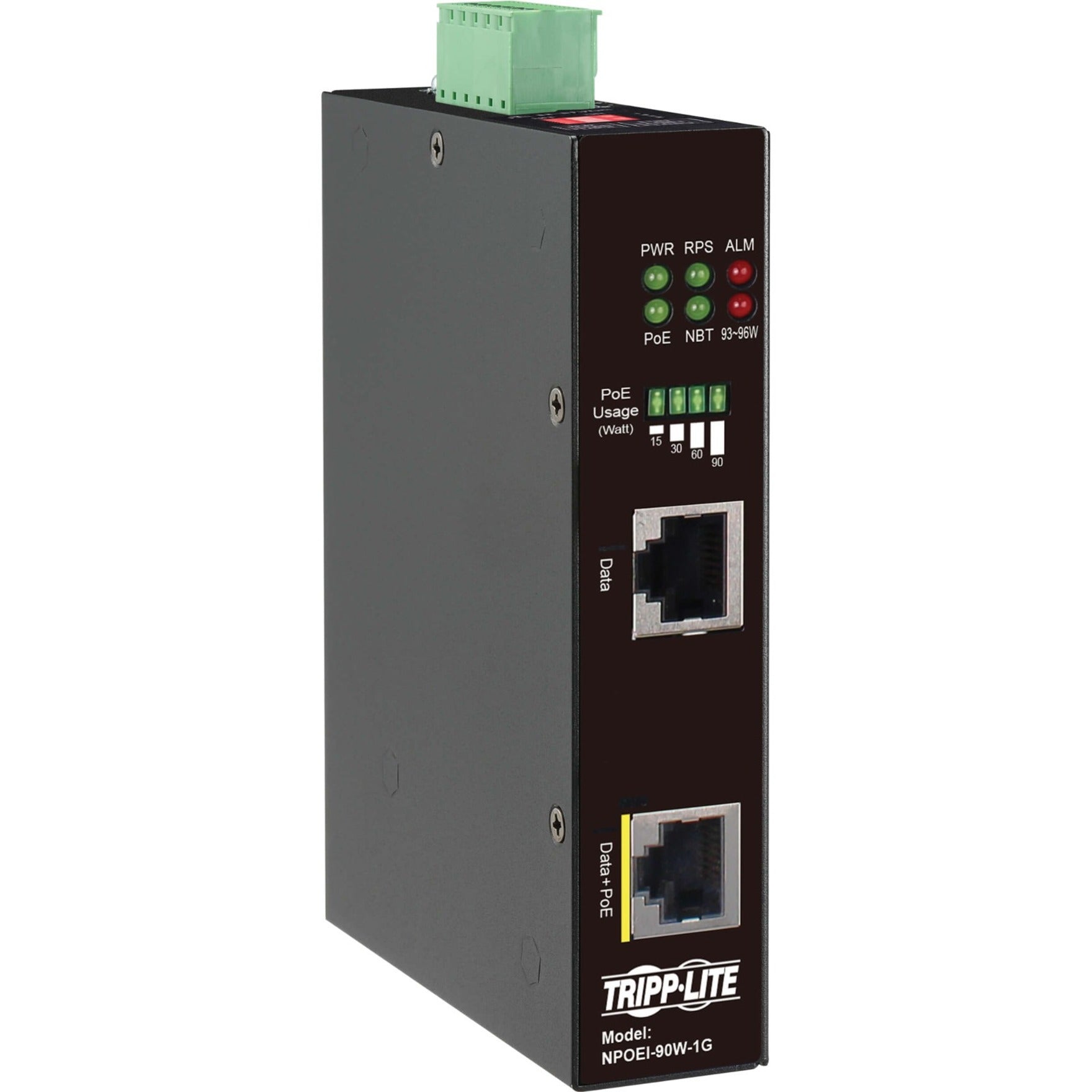 Front view of Tripp Lite NPOEI-90W-1G PoE injector showing LED indicators, power meter, and dual Ethernet ports-alternate-image1