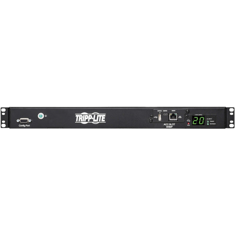 Angled view of Tripp Lite PDUMNH20HVAT1 PDU showing management interface and status indicators