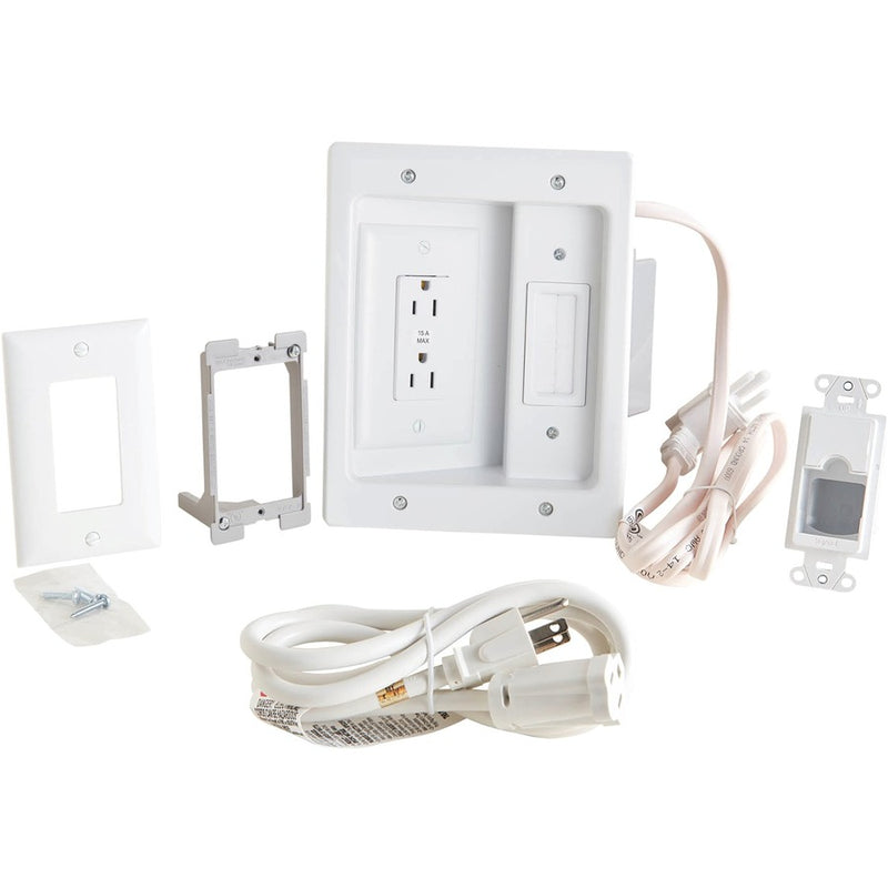 Complete SANUS in-wall power kit components including mounting hardware and cables