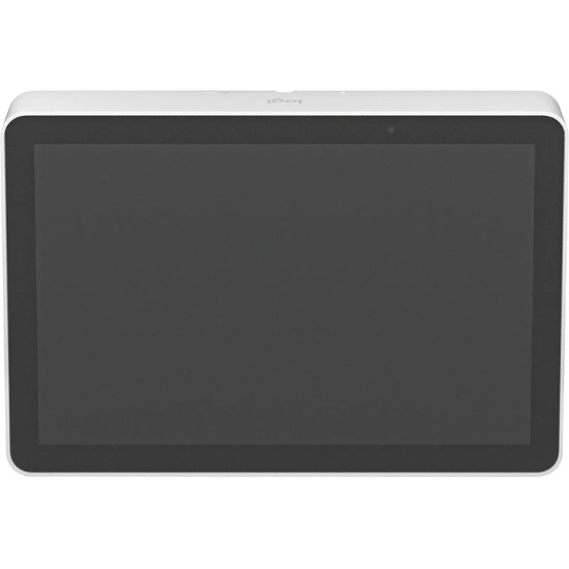 Front view of Logitech Tap IP video conferencing controller in white with touchscreen display