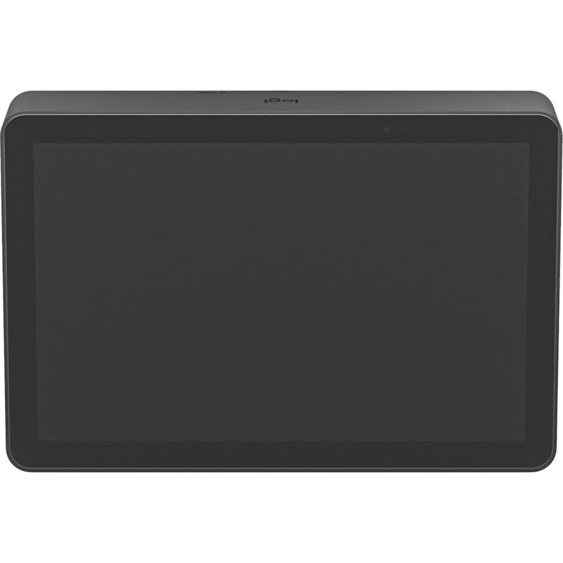 Front view of Logitech Tap IP touchscreen controller in graphite color showing sleek display interface