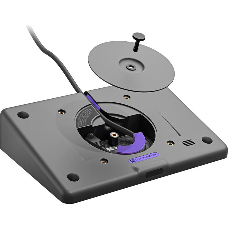 Detailed view of Logitech Tap IP cable management system with rotating mechanism