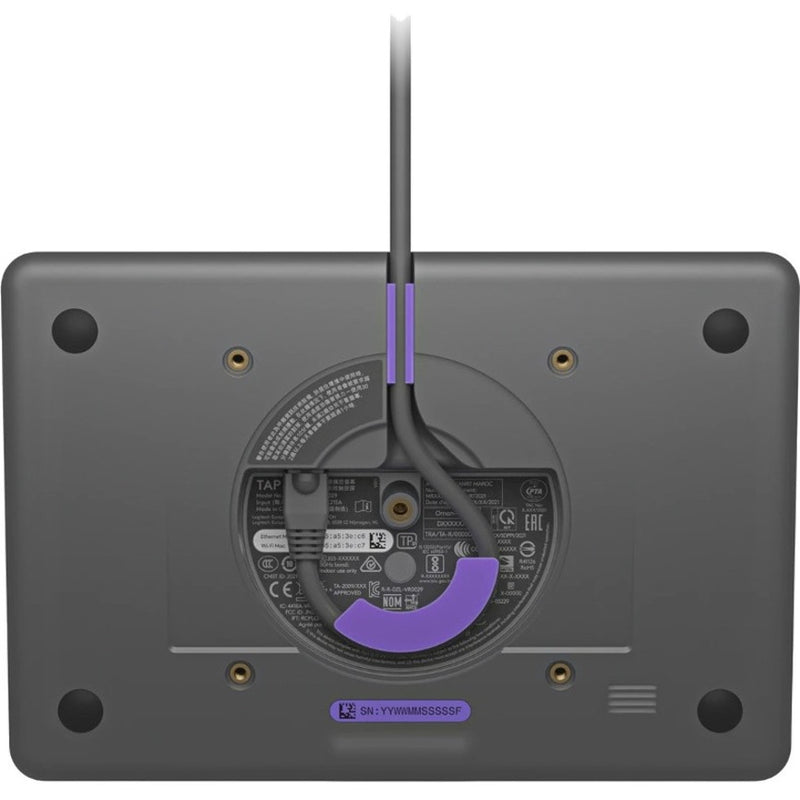 Bottom view of Logitech Tap IP showing mounting points and cable routing options