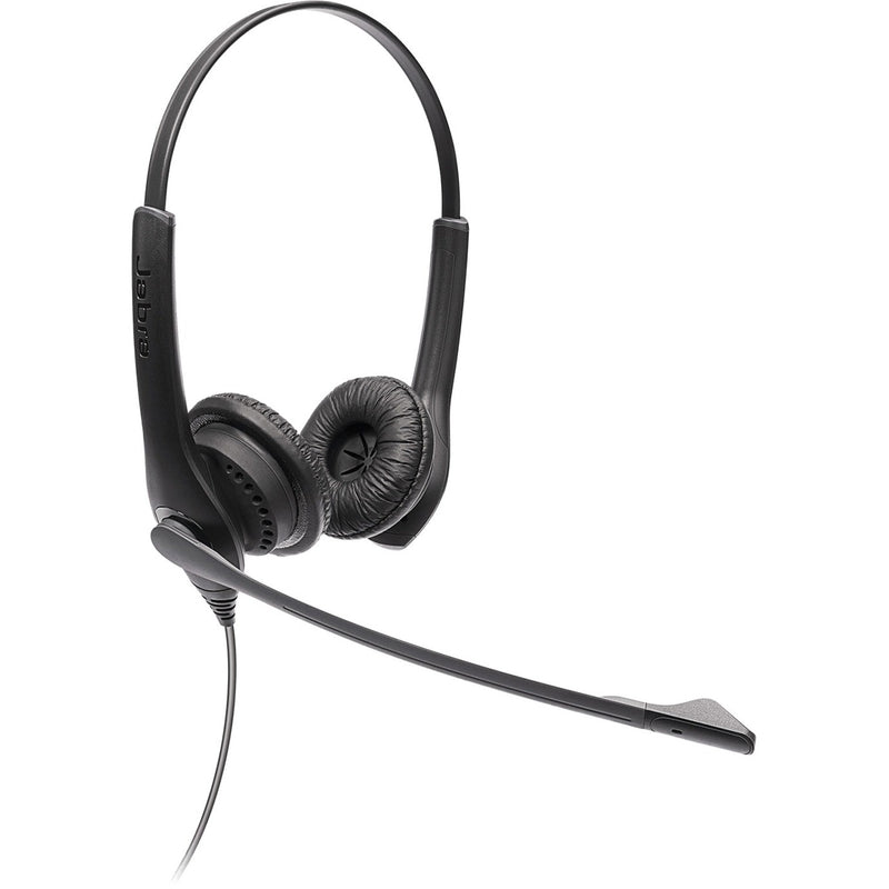 Side view of Jabra Biz 1100 EDU stereo headset showing noise-canceling boom microphone and padded ear cushions