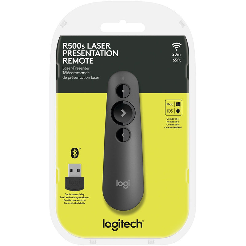 Retail packaging of Logitech R500s showing product features and contents