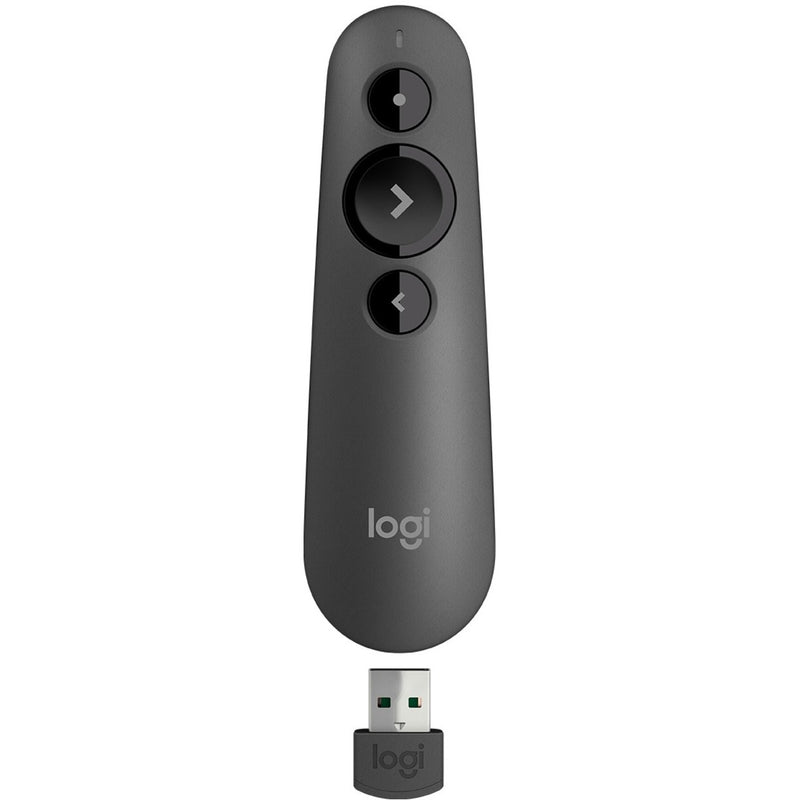 Logitech R500s presentation remote with USB receiver showing three-button design in graphite color