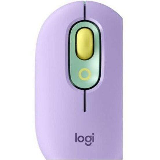 Close-up detail of Logitech POP Mouse showing logo and design elements