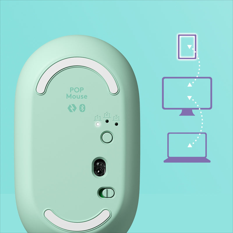 Bottom view of Logitech POP Mouse showing device switching capabilities