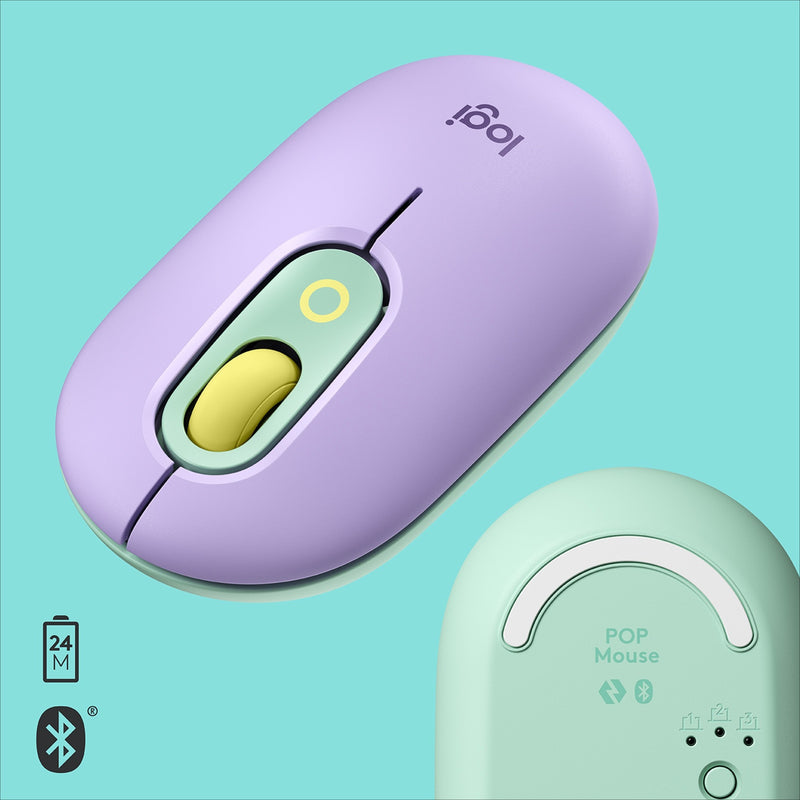 Logitech POP Mouse with wireless connectivity icons and battery indicator