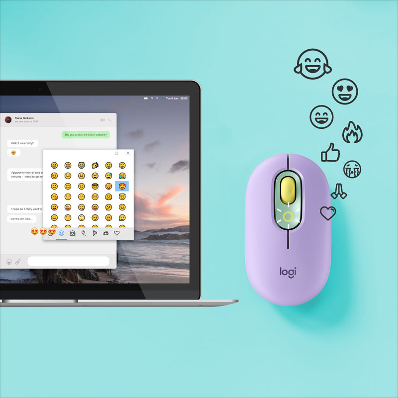 Logitech POP Mouse shown with emoji menu interface on laptop screen