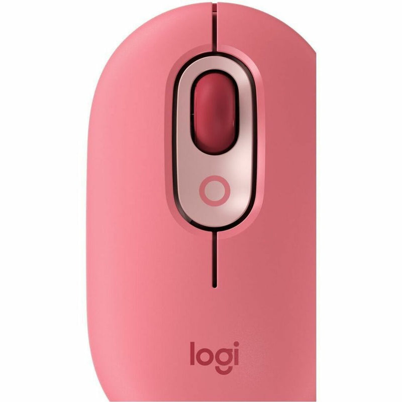 Close-up detail shot of Logitech POP Mouse showing precise design elements and rose pink finish